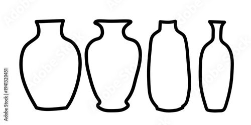 Ceramic vases line art illustration. Hand drawn outline of various pottery shapes and jugs. Minimalist botanical vase sketches isolated on white.