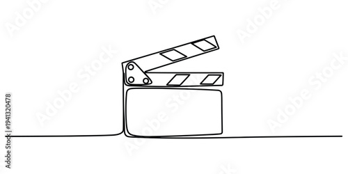 Single continuous line drawing of a movie clapperboard for film and cinema concepts