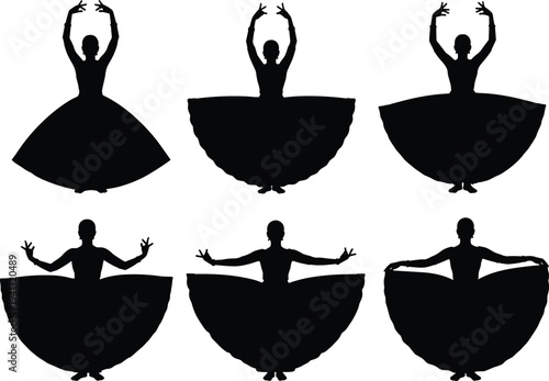 PrintTraditional Classical Dancer Silhouettes Set with Elegant Female Performers in Beautiful Cultural Ethnic Costumes