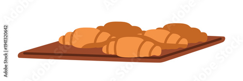 Crescent croissants, French pastries on serving tray. Fresh bakery, morning rolls, buns. Breakfast snack, baked dough. Flat vector illustration isolated on white background