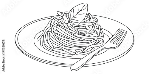 Hand drawn line art illustration of a plate of delicious spaghetti topped with a basil leaf.