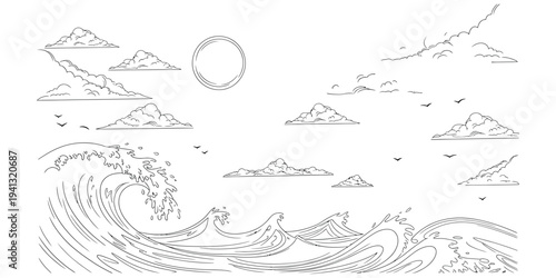 Black and white line drawing of a powerful ocean wave crashing under a sunny sky with clouds.
