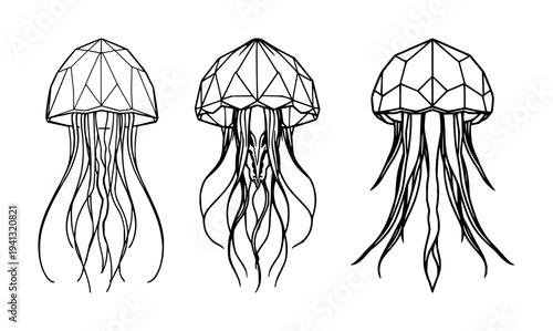 Jellyfish set with symmetrical line art design featuring sea creature, marine biology, aquatic animal with deep sea and modern polygonal style