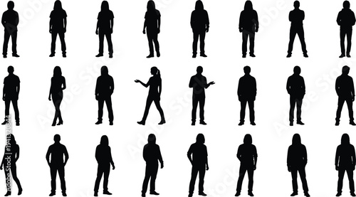 PrintBlack vector silhouettes of diverse men and women standing in various casual poses.