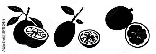 Passion fruit set with solid black silhouette of a whole passion fruit beside a passion fruit half on white background featuring exotic, botanical, fruit with silhouette and black