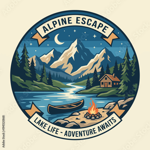 A peaceful lakeside scene features a cozy cabin and a canoe by the water, framed by towering mountains and a starry sky, inviting thoughts of adventure, relaxation, and tranquility.