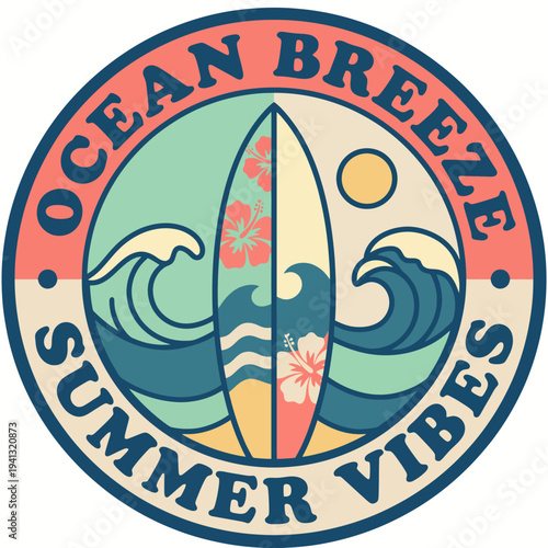 This bright illustration showcases surfboards and ocean waves, perfectly encapsulating the essence of summer vibes, fun, and beach culture for those who love sunny adventures.