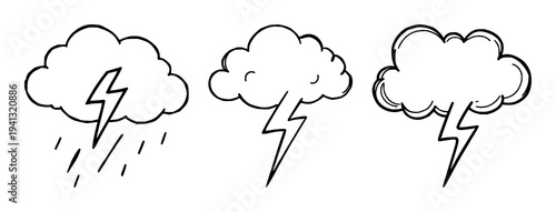 Storm cloud set with doodle illustration of a storm cloud and a single lightning bolt featuring playful weather style, thick lines, white background with cartoon illustration and minimalist design