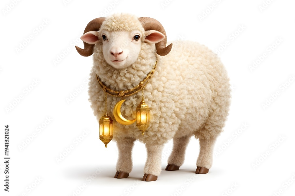 Fototapeta premium A sheep adorned with a golden chain and gold bells against a white background.