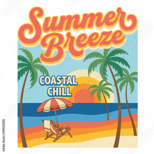 This vibrant illustration reflects a peaceful beach environment with lounge chairs and palm trees, inviting viewers to unwind and experience the essence of a summer getaway.