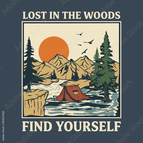 This captivating image showcases a tent by a serene river surrounded by mountains and trees, inspiring a sense of adventure and introspection in the great outdoors.