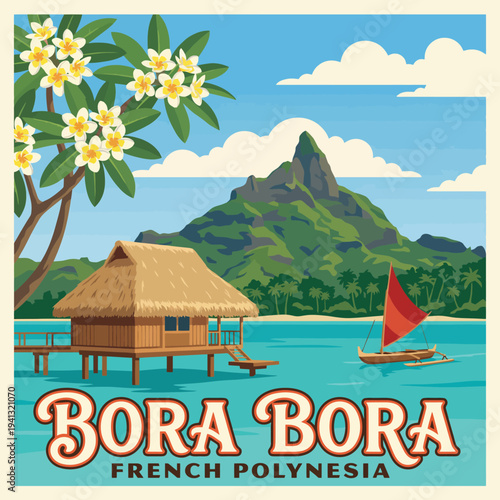 This idyllic image depicts a tropical paradise in Bora Bora, featuring a thatched-roof hut against stunning turquoise waters and lush mountains, perfect for vacation inspiration.