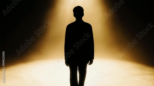 Man Standing Alone in Spotlight Darkness.