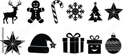 PrintBlack vector silhouettes of Christmas holiday icons with reindeer gingerbread man and santa hat.