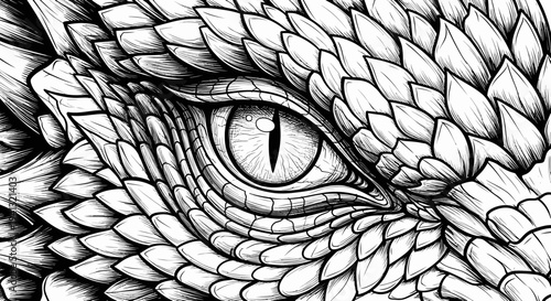 Close-up of a fierce dragon eye with detailed scales, black and white ink drawing