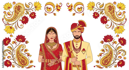 Indian Wedding Couple Bride Groom Traditional Attire Festive Floral Border