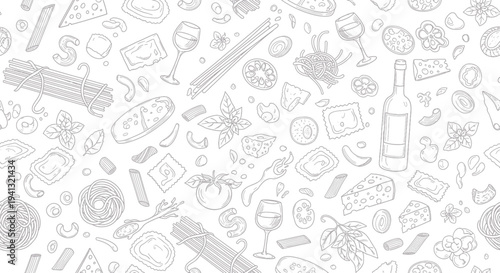 Hand-Drawn Italian Food and Wine Pattern: Pasta, Cheese, Tomatoes, Basil