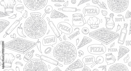 Hand-drawn Pizza Pattern: Ingredients, Tools, and Fun Food Illustrations