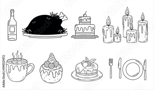 Black and white illustration of various objects including a hat and cakes