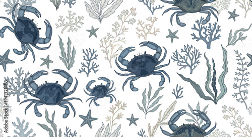 Nautical Crab and Coral Pattern - Blue and White Marine Illustration