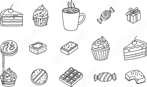 Collection of assorted cake and dessert line drawings