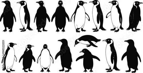 Penguin silhouette set collection, antarctic penguin poses vector illustration bundle isolated wildlife bird silhouettes for design