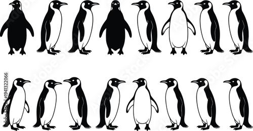 Penguin silhouette collection, black and white penguin icons set, standing penguin poses vector wildlife illustration bundle for design