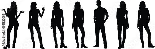 People silhouette collection set, standing men and women silhouettes vector illustration isolated modern human characters for design