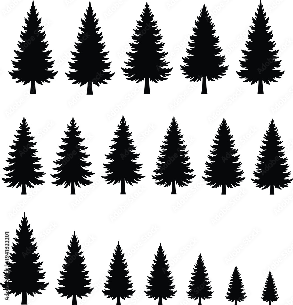 Fototapeta premium Pine tree silhouette collection, evergreen fir trees vector set isolated forest nature landscape illustration bundle