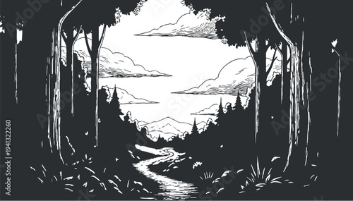 A black and white pixelated image of a face with a serene expression in a natural setting