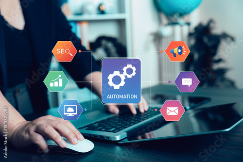 Marketing automation concept with digital dashboard showing SEO performance, analytics, email campaigns and online advertising tools for automated marketing strategy.