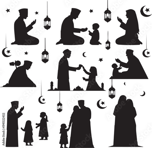 A set of vector silhouettes and black stick figure pictograms depicting a business woman, person, and family as cartoon icons and symbols for computer signs