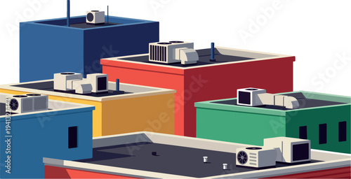 Set of colorful building icons with air conditioning units vector