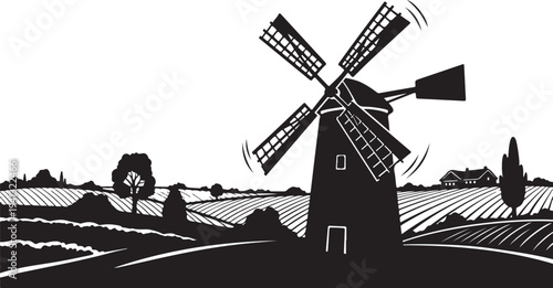 Black and white windmill in a rural landscape scene