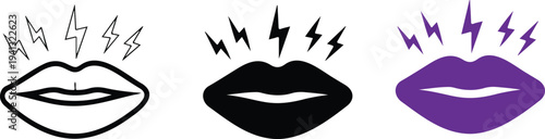 Minimalist stylized lips icon set with outline, black and pink designs featuring lightning bolt accents in clean vector style