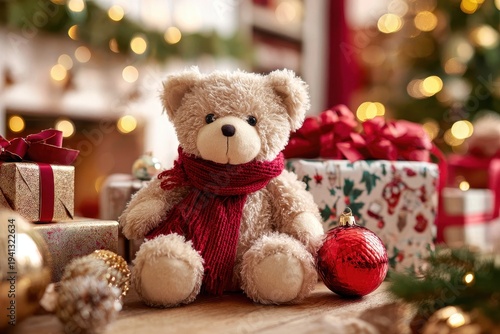 Cozy Christmas teddy bear as a festive gift among wrapped presents in a warmly decorated room
