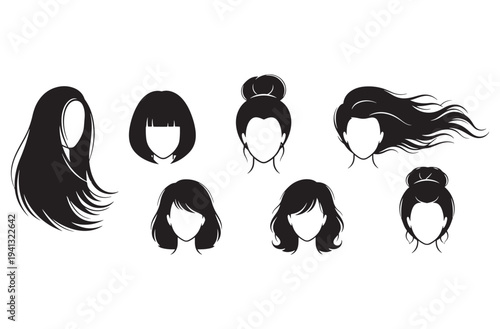  Set of isolated black silhouette hairstyles for women, various styles including long flowing hair, short bobs, and elegant buns, hair design elements.