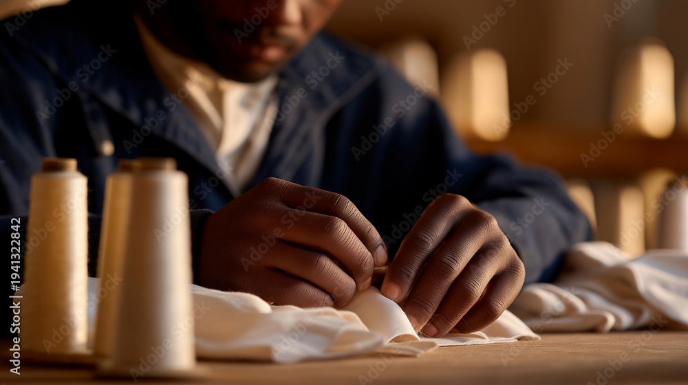 custom made wallpaper toronto digitalCallused hands of child stitching garment seams in dimly lit textile workshop with thread spools visible, ideal for labor exploitation, supply chain ethics, fashion industry, and modern