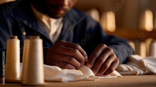 Wallpaper Mural Callused hands of child stitching garment seams in dimly lit textile workshop with thread spools visible, ideal for labor exploitation, supply chain ethics, fashion industry, and modern Torontodigital.ca