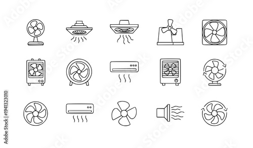 Fan icon set with ventilator propeller cooler and air conditioner outline symbols vector isolated on white background