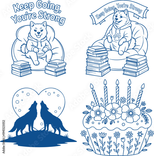 Cute Shiba Inu dog, wolves howling, and a birthday cake with Coloring Book page Bundle