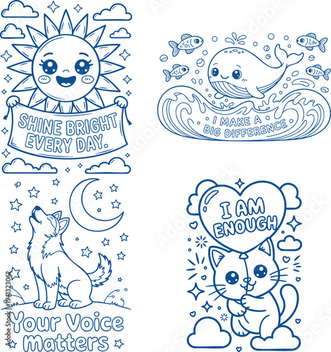Cute cartoon sun whale wolf and cat with positive affirmation messages Coloring Book page Bundle