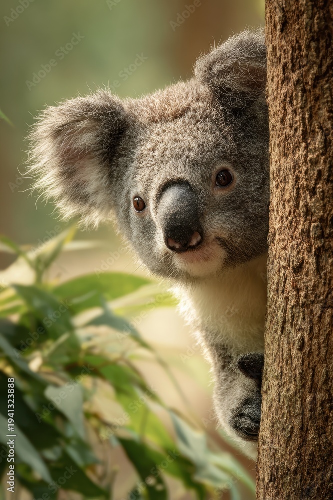 Naklejka premium Curious koala perched on a eucalyptus branch in soft morning light