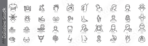 Medical conditions and health symptoms icon set – editable outline symbols of disease, pain, breast cancer, infection, allergy and diagnosis, common illness symptoms icon set