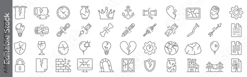 Broken, damaged and cracked object icon set – editable outline symbols of fracture, shatter, split, destruction and failure