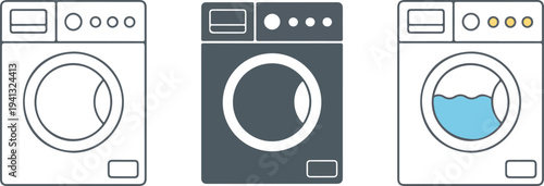 Minimalist washing machine icon set with outline, gray and blue-tinted designs showing front-loading laundry appliances in clean vector style