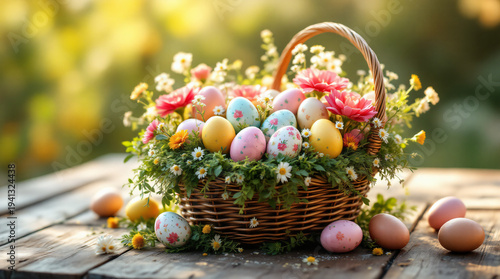 A beautiful wicker basket filled with colorful Easter eggs and fresh spring flowers on a rustic wooden table in a sunny outdoor setting.