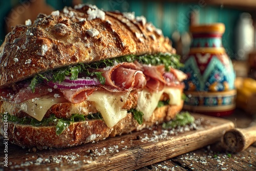 Wallpaper Mural Gourmet sandwich on wooden plate in colorful kitchen. Generative AI Torontodigital.ca