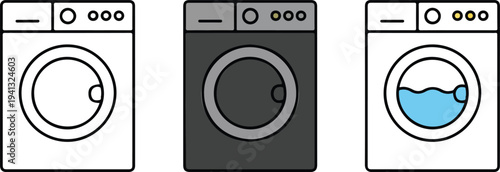 Minimalist washing machine icon set with outline, gray and blue-tinted designs showing front-loading laundry appliances in clean vector style