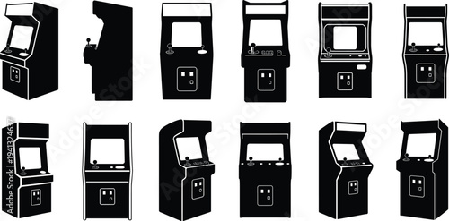 arcade machine silhouette set, retro gaming cabinet collection, classic video game console icons, vintage entertainment equipment vector illustration